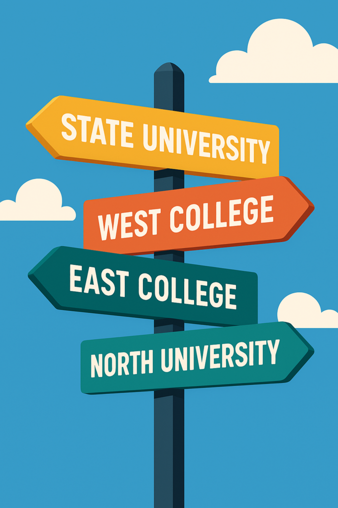 A student thinking about different colleges, reflecting on what matters most in the college search process.