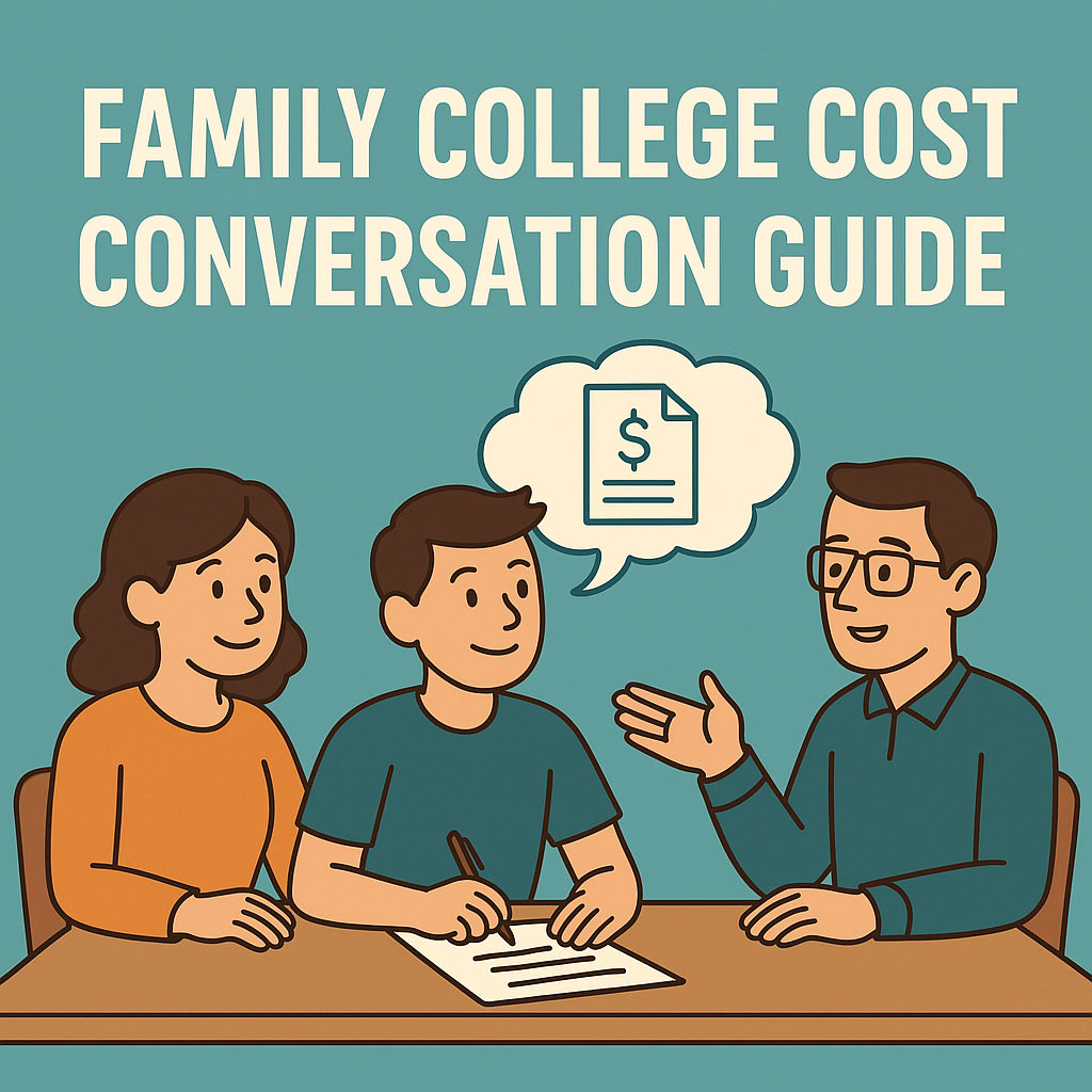 Illustration of a family discussing college costs together at the kitchen table, representing the importance of the family college cost conversation early on in the process.
