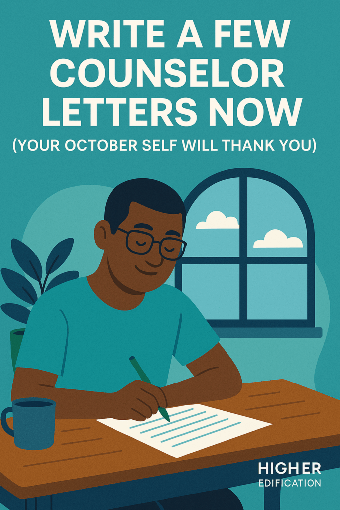 Counselor sitting calmly at a desk writing a recommendation letter during summer break, with text that reads “Write a Few Counselor Letters Now (Your October Self Will Thank You).”
