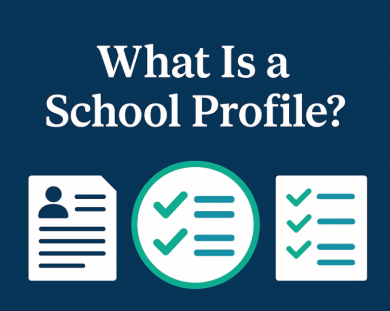 Digital graphic titled “What Is a School Profile?” featuring clean icons of transcripts, charts, and school documents in navy, cyan, green, and white.
