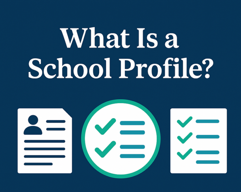 Digital graphic titled “What Is a School Profile?” featuring clean icons of transcripts, charts, and school documents in navy, cyan, green, and white.