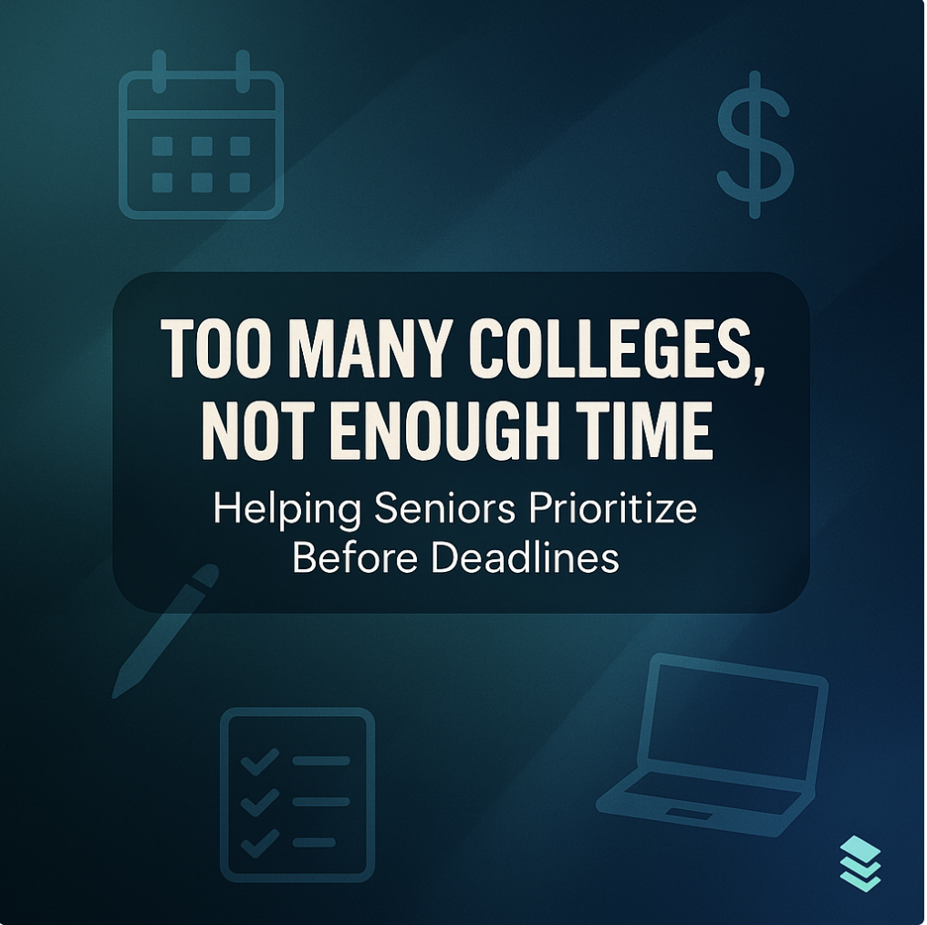 Branded digital graphic with navy blue background and the title 'Help Seniors Track College Application Deadlines and Costs' centered in the middle third, styled with SCOFile colors and modern typography.