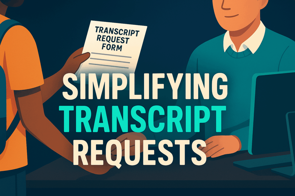 Digital illustration of a student handing a counselor a transcript request form across a desk, with the title “Simplifying Transcript Requests” centered in bold font.
