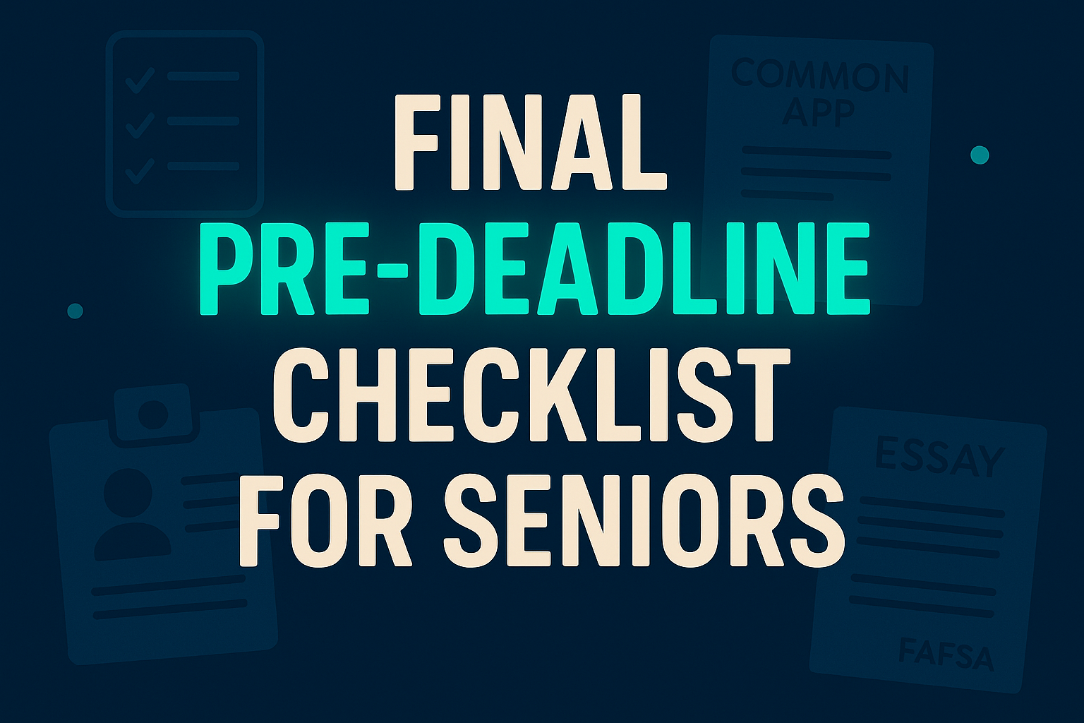 A digital graphic design for the blog post “College Application Pre-Deadline Checklist,” featuring the title centered on a navy and charcoal gradient background. The margins include subtle icons like calendars, checkboxes, and clocks in cyan and green accents.