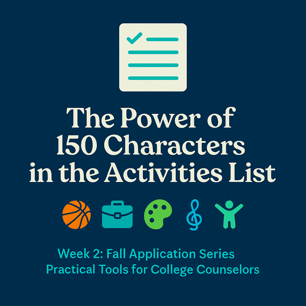 Centered title “The Power of 150 Characters in the Activities List” with checklist and colorful icons representing diverse student activities on a navy background.