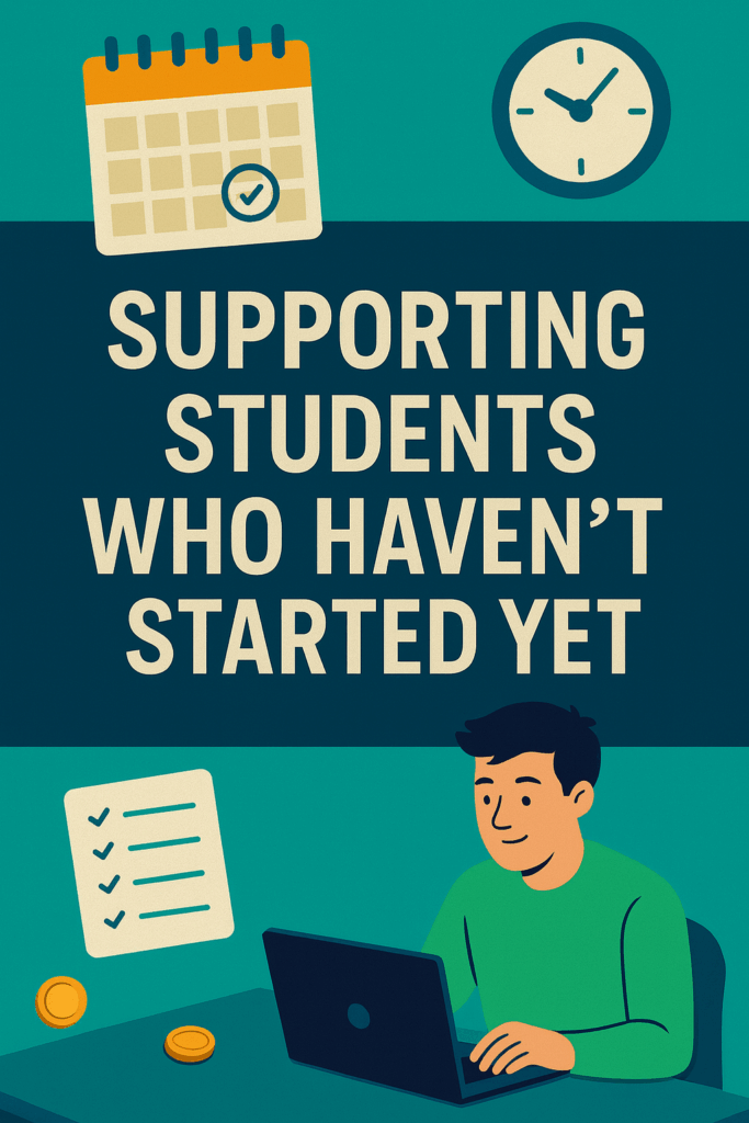 Illustration of a student sitting at a desk with a laptop, checklist, and calendar, symbolizing the process of starting college applications late in the season.