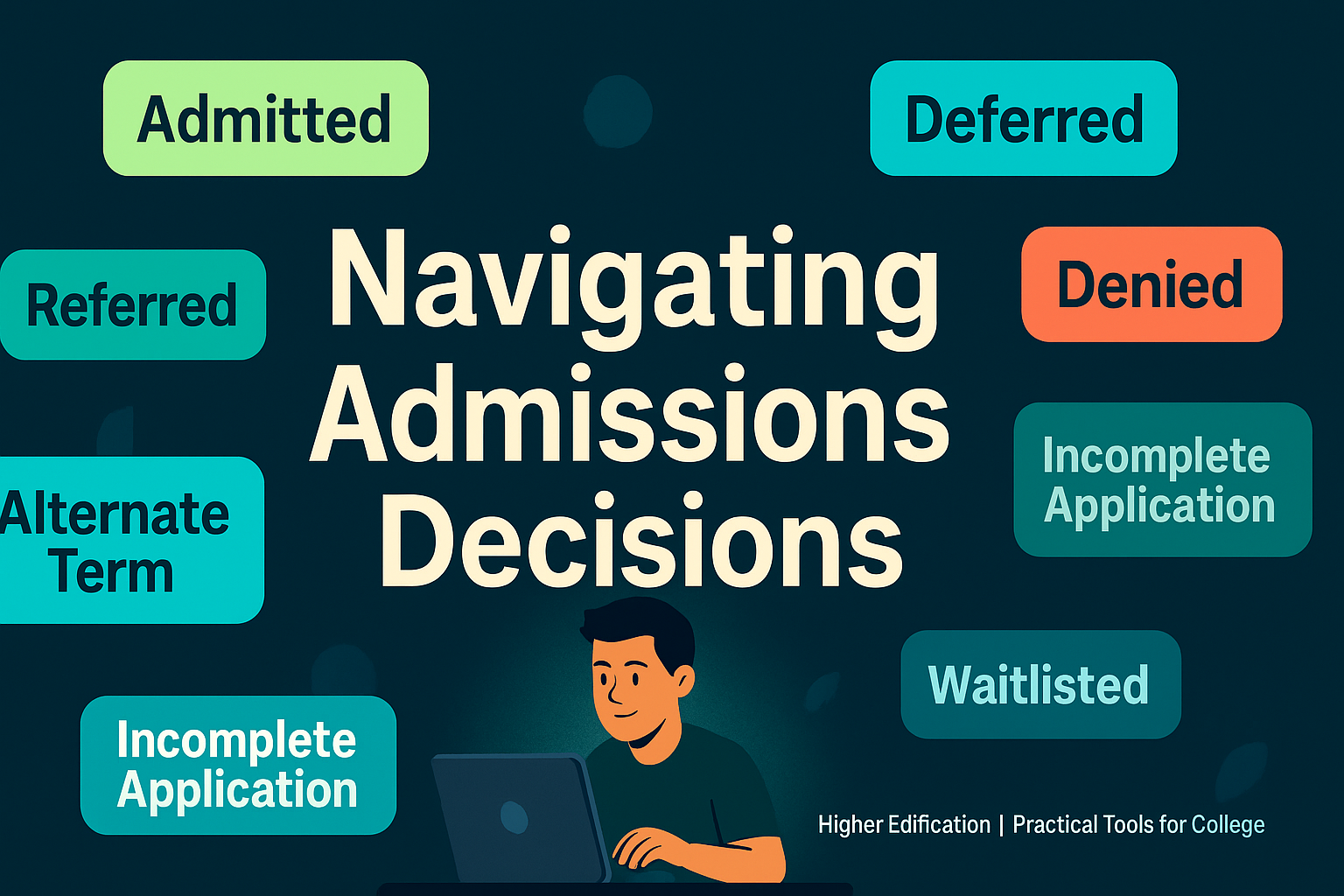 A student at a laptop surrounded by decision notifications such as admitted, deferred, denied, referred, alternate term, waitlisted, and incomplete application, with the title “Navigating Admissions Decisions” centered in bold white and green text.