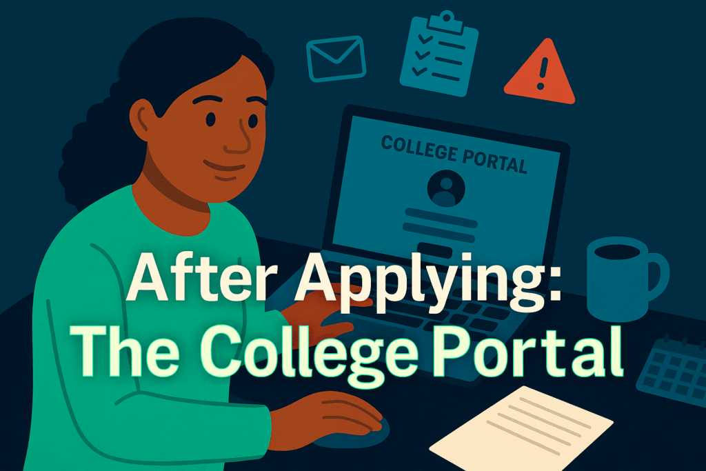 Student logging into a college application portal on a laptop with the title “After Applying: The College Portal” centered across the image