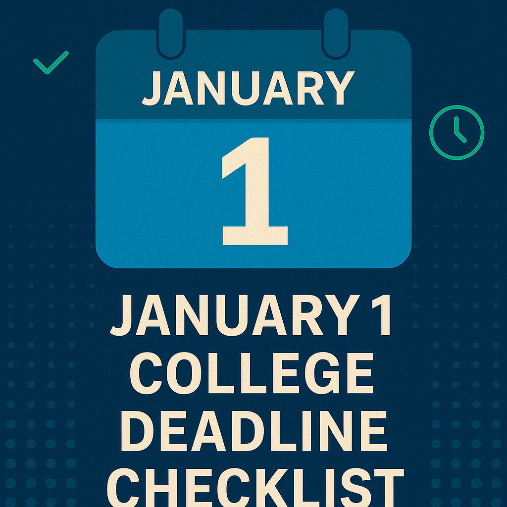 A bold January 1 calendar graphic centered on a navy background with vibrant green icons, promoting a college deadline checklist for seniors.